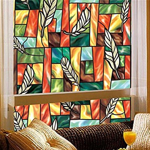 Viclover Static No Glue Opaque Window Film Stained Glass Film Privacy Decorative Window Clings (17.71 inches by 78.74 inches, Feathers Pattern Design)