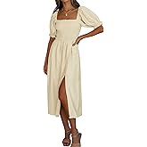 R.Vivimos Summer Dress for Women Cotton Plaid Puff Sleeves Casual Off-Shoulder Boho Side Slit Midi Dress