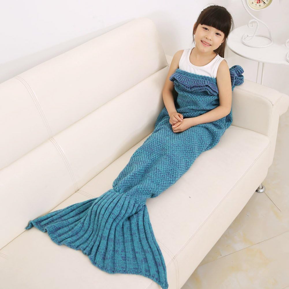 Needle Lace Mermaid Blanket for Kids, Knitting Wool Sleeping Bag with Knit Pattern, Soft Sofa Blanket(53×25.6inches) (Turquoise)