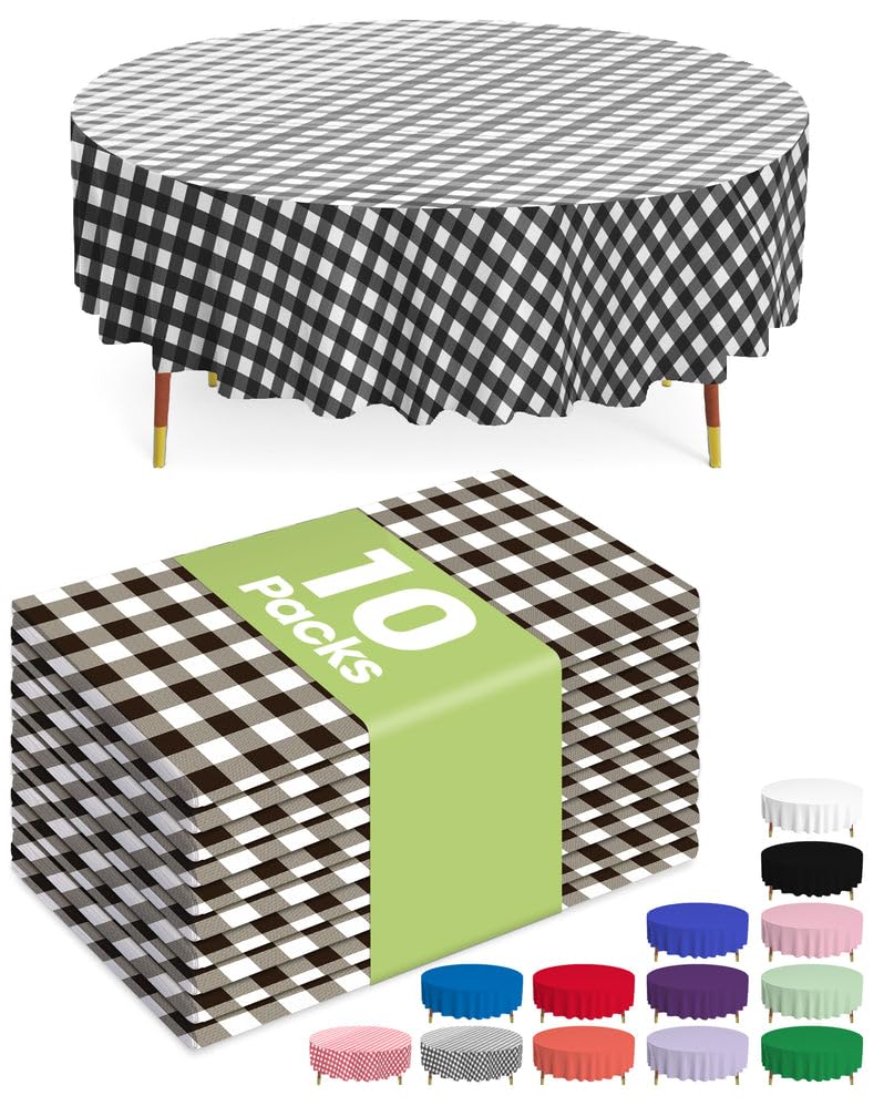 Photo 1 of Pureegg Plastic Table Cloth Disposable 10 Pack, 84'' Round Table Cloths, Party, Picnic, Decorative Gingham Tablecloths, Round, Black and White Checkered Cover, Leakproof & Sturdy, Black Plaid
