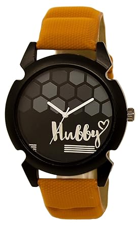 Star Villa Attractive Stylish Sport Look Hubby Logo Black Dial Stylish Brown Leather Strap Analog Watch for Men & Boys