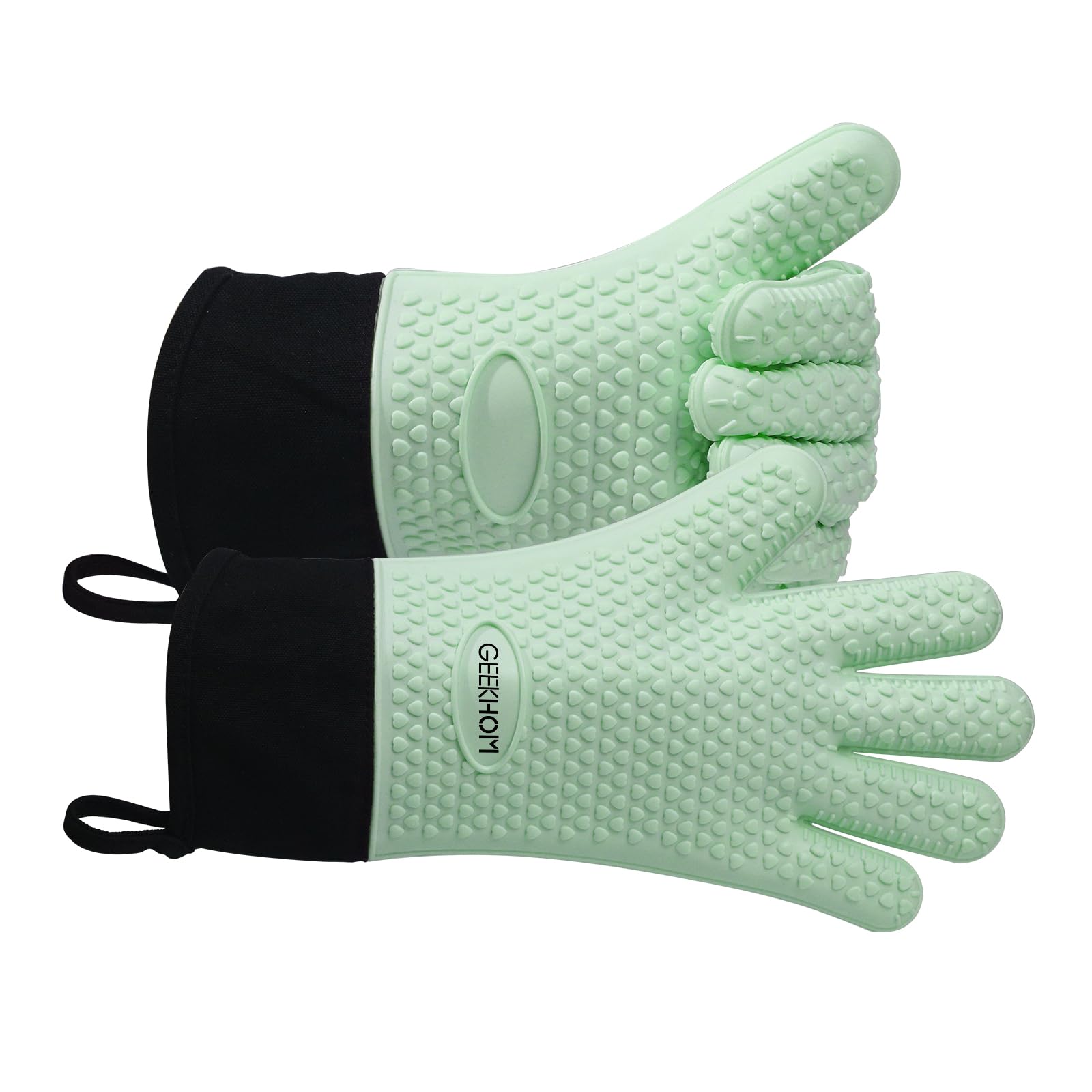 GEEKHOM Silicone Oven Gloves Heat Resistant Silicone Oven Mitts BBQ Gloves Waterproof Kitchen Gloves for Barbecue Grilling Weber Microwave, Non-Slip Oven Gloves with Fingers, Mint Green