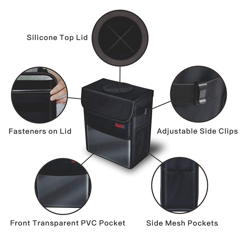 Car Garbage Can with Lid Multipurpose Trash Bin for Car Portable Car Trash Bag with Storage Pockets Hanging Car Trash Can100% Leak-Proof Car Organizer (Black)