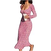 OYOANGLE Women's Floral Midi Dress Long Sleeve Scoop Neck Boho Frill Trim Bodycon Beach Vacation Dresses