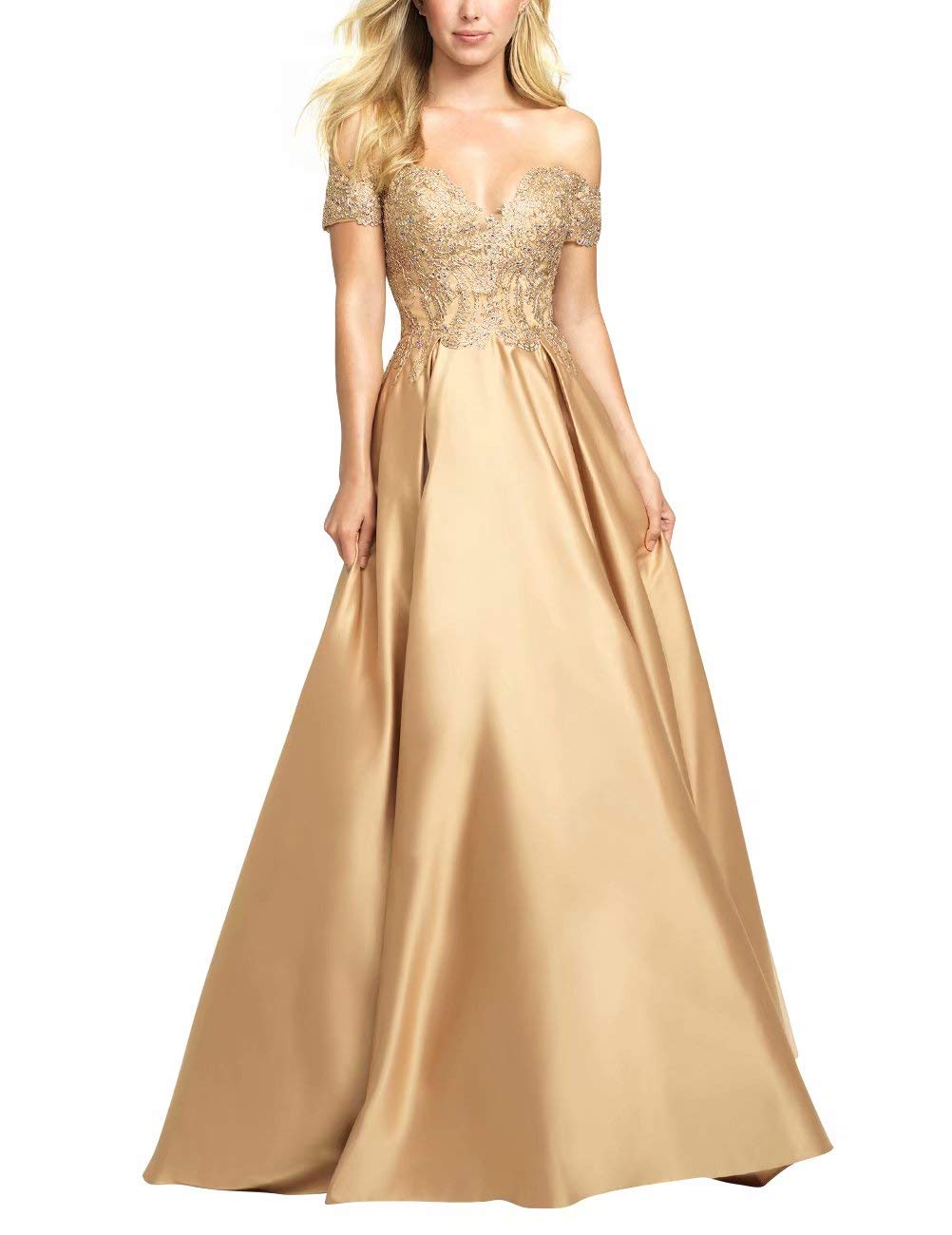 Women Prom Dresses with Pockets Satin Beaded Off The Shoulder Party