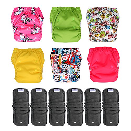 6-pack Pocket Cloth Diapers with Charcoal Bamboo Inserts, Newborn Baby 6-14 pounds (Girl)