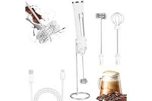 TonJin Milk Frother USB C Rechargeable New Upgraded Handheld Frother Wand with 2 304 Stainless Whisks 1 Stand, 3 Speeds Electric Coffee Whisk Frother for Lattes, Cappuccino, Egg, Matcha, White