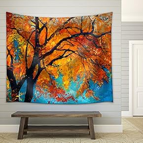 Original Oil Painting Showing Beautiful Autumn Tree on Canvas. Modern Impressionism - Fabric Wall Tapestry Home Decor - 51x60 inches