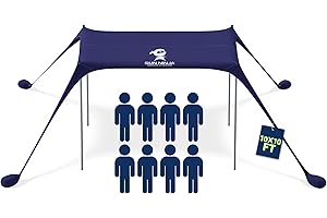 SUN NINJA Beach Tent Sun Shelter UPF50+ - Easy Pop Up Beach Canopy - Outdoor Shade for Camping Trips, Fishing, Backyard Fun Picnics - Sand Shovel, Ground Pegs & Stability Poles