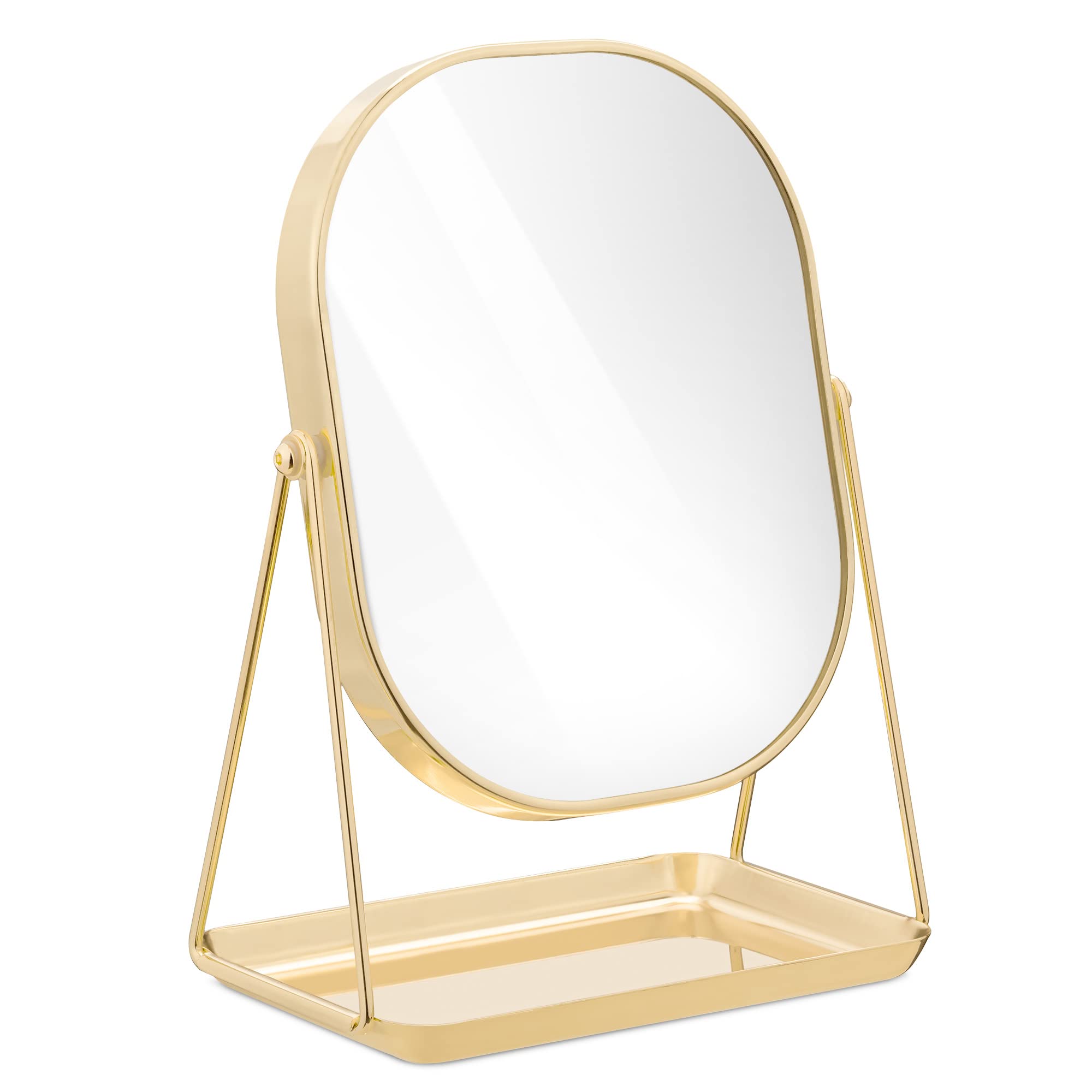 Navaris Free Standing Makeup Mirror - Large Cosmetic Vanity Mirror for Bathroom, Dressing Room, Bedroom Table, Desk with Large Tray Stand - Rose Gold
