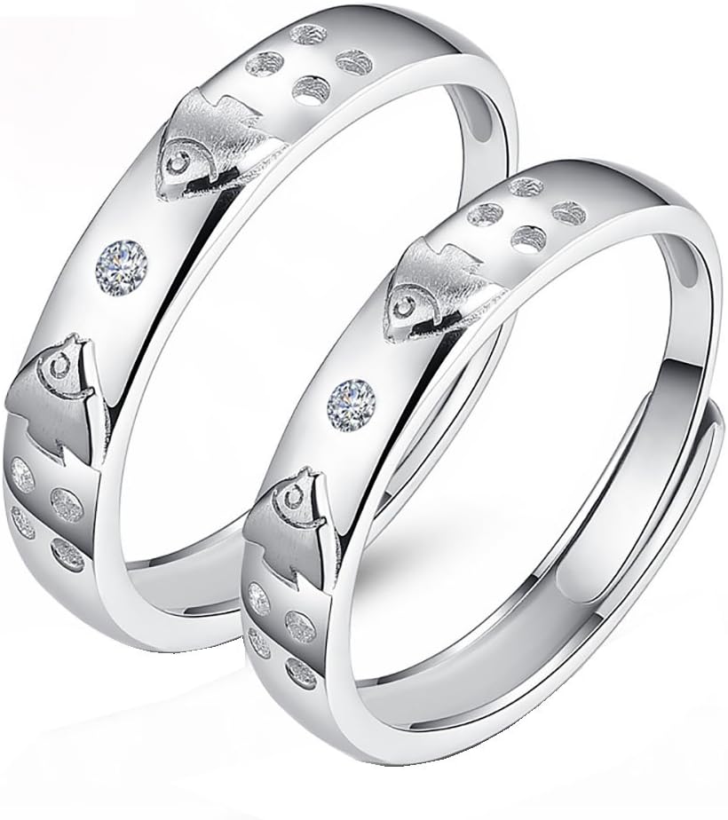 Jewelry Women's 925 Sterling Silver Adjustable Rings Fishes Style Wedding Ring Set for Couple