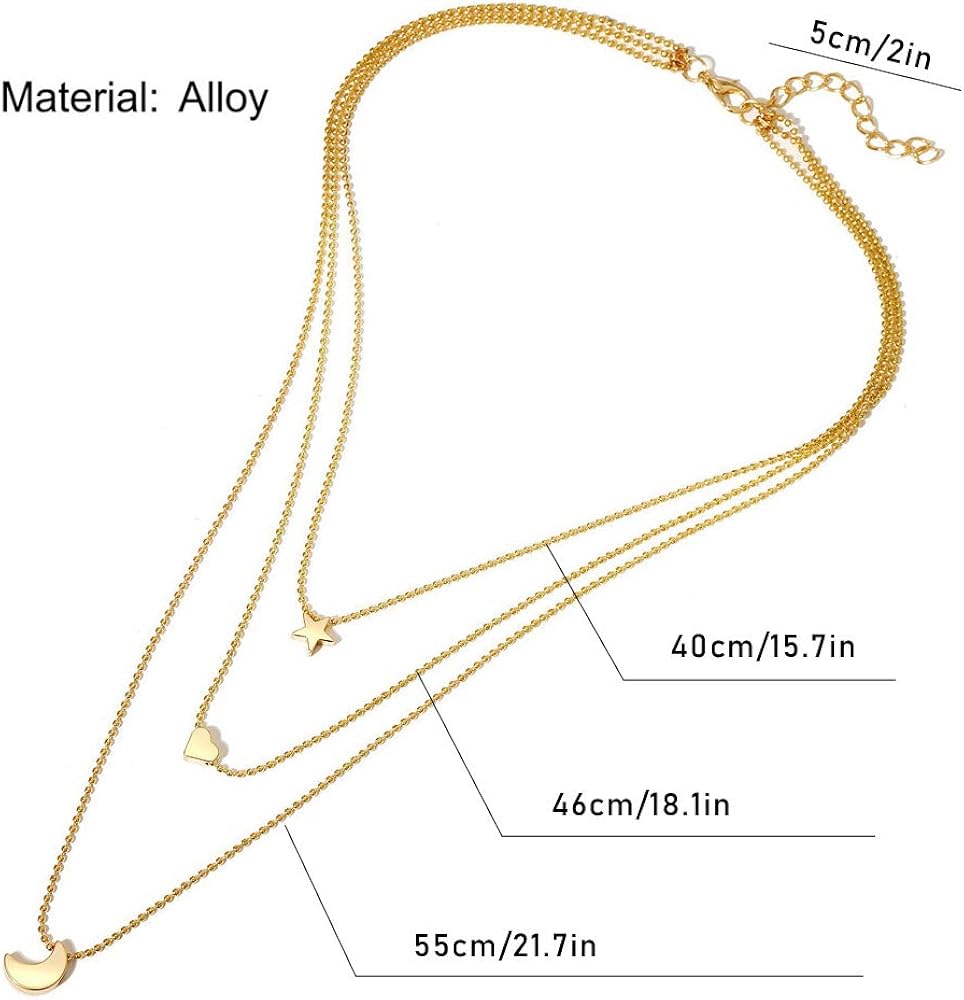 Ceqiny Multi-layer Choker Necklace Star Heart Moon Necklace Pendant Adjustable Chain Necklace Long Chain Tassels 3-Layer Charm Pendant Choker Friendship Necklace Gift for Women Girls, Gold: Clothing