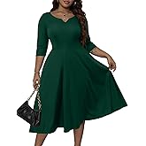 Runwind Plus Size Dresses Women Fit and Flare A-Line Swing Dress 3/4 Sleeve Midi Church Wedding Guest Cocktail Party Dresses