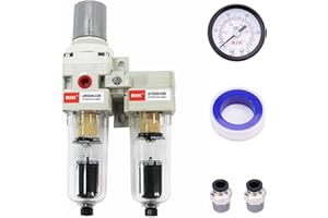 RIH Pneumatics 1/4'' NPT Auto Drain Compressed Air Double Filter & Regulator, Air Drying System, Air Compressor Water Separator, Poly Bowl,0-150 psi Gauge, 5 Micron Brass Element (1/4 NPT) AC2011-02D