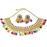 Colorful Bohemia Indian Jewelry Set for Women Boho Ball Tassel Crystal Statement Choker Necklace Vintage Bead Chandelier Dangle Drop Earring Bollywood Traditional Jewellery for Jhumka Festival Holiday