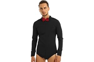 Agoky Men's Latin Modern Dance Leotard Shirt Salsa Cha Cha Zipper T-Shirt Long Sleeve Dancewear Bowtie Romper