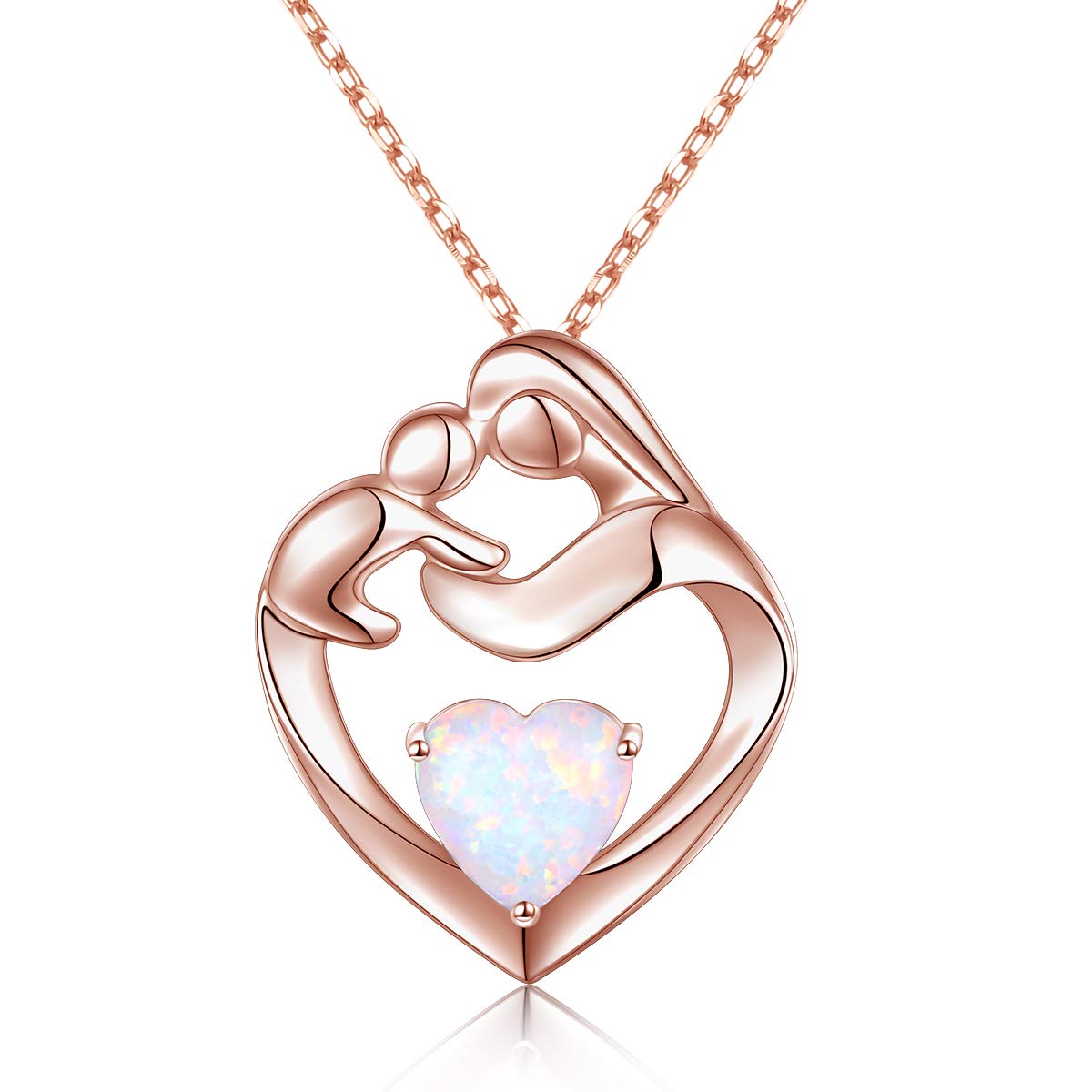 Flyow Real 925 Sterling Silver Rose Gold Plated Mother and Child Created Opal Heart Necklace for Women, Adjustable Silver Chain 18+2 Inches New Mum Gifts (Rose)