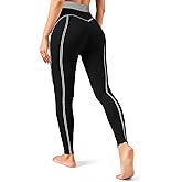 Fisoew Women's High Waisted Yoga Leggings Striped Seamless Butt Liftting Stretchy Running Gym Workout Pants Black