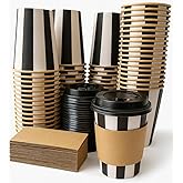 [100 Pack] 12oz Disposable Coffee Cups with Lids and Sleeves - Double Wall Kraft Paper to Go Hot/Cold Cups with Lids - Thicke