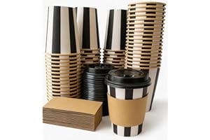 [100 Pack] 12oz Disposable Coffee Cups with Lids and Sleeves - Double Wall Kraft Paper to Go Hot/Cold Cups with Lids - Thicke