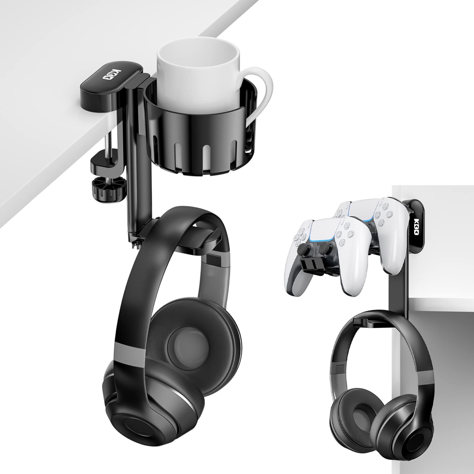 KDD Rotatable Headphone Hanger - Under Desk Clamp Controller Stand Replaceable Cup Holder - Compatible with Universal Headset, Controller, Cup(Black)