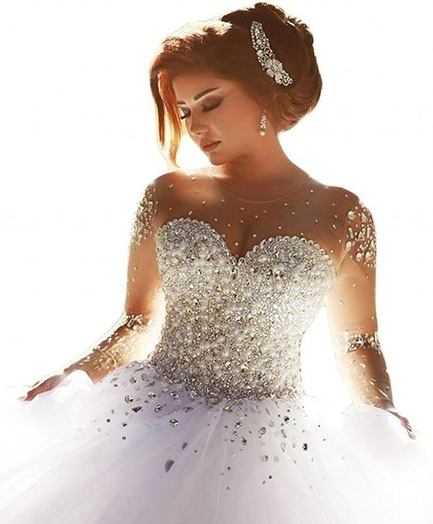 Lydiags Abito Da Sposa Con Gonna Ampia A Maniche Lunghe Decorato Con Cristalli E Perline White 38 Amazon It Abbigliamento