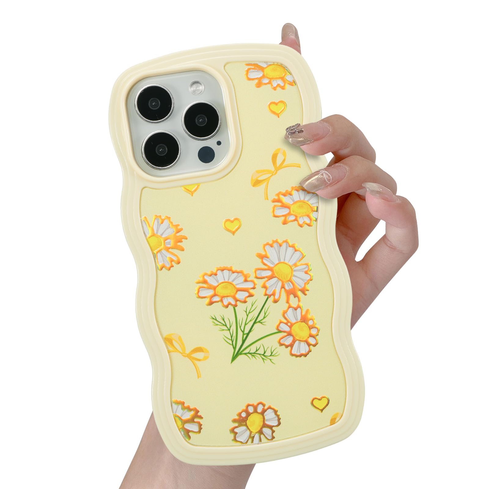 UEEBAI for iPhone 14 Pro Max Case, Floral Wave Frame Cute Curly Anti-slip Flower Case with Aesthetic Pattern, TPU Slim Bumper Shockproof Protective Cover for Women Girls - Yellow Daisy