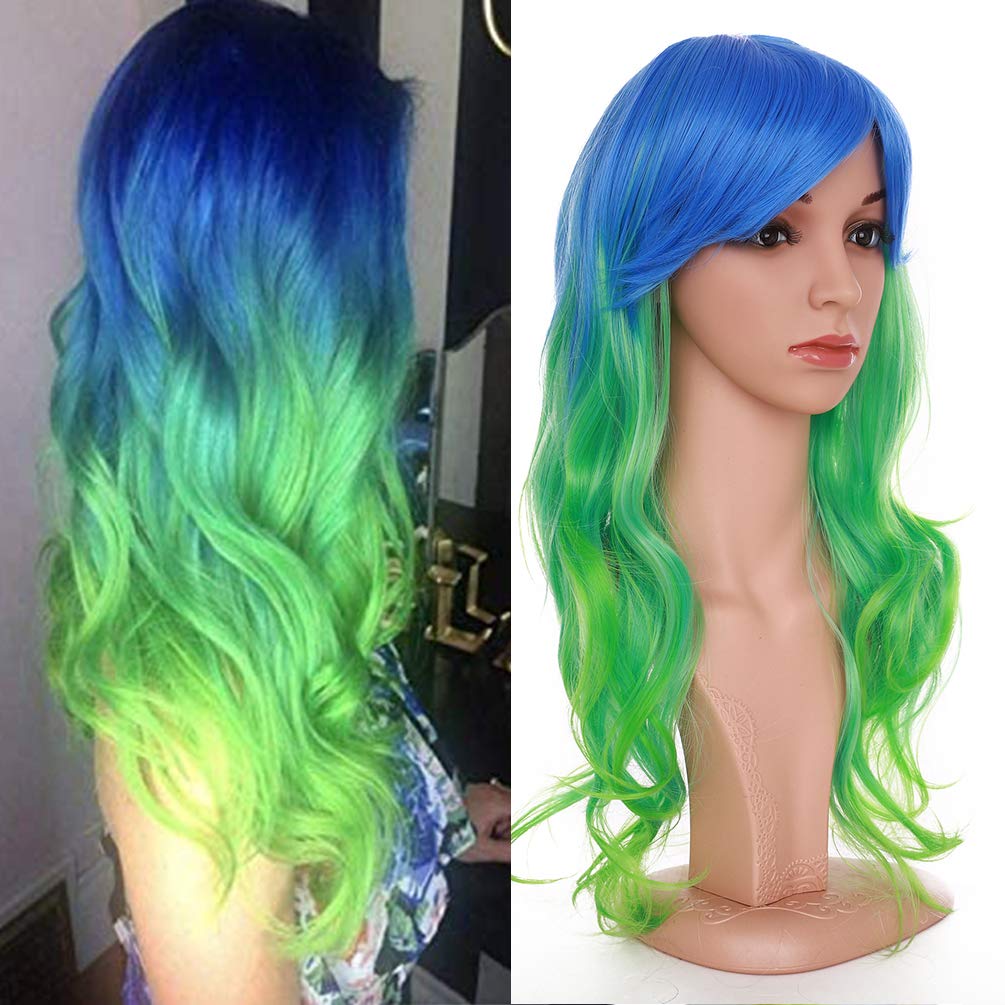 S-noilite Long Wavy Wig With Air Bangs Silky Full Heat OK Synthetic Ombre Hair Wigs for Women Natural Looking 23 inch Hair Replacement Wig for Daily Party Cosplay Halloween Fancy Dress Blue to Green