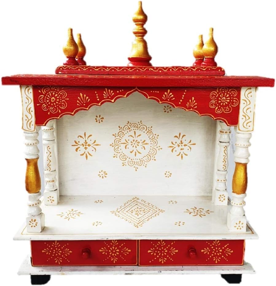 Anshika International Handmade Black Wooden Temple/Home Temple/Pooja Mandir/Pooja Mandap/Temple for Home Shops & Office (Red White, Lx Wx H - 18" x 9" x 22")