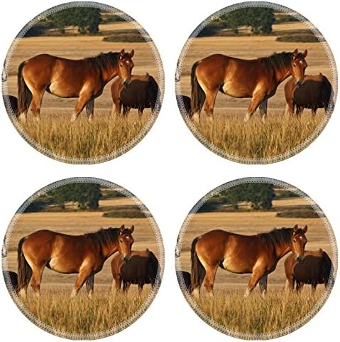 MSD Round Coasters Non-Slip Natural Rubber Desk Coasters design: 11376532 Nature in south Sweden in the province of Sk ne horses on a field