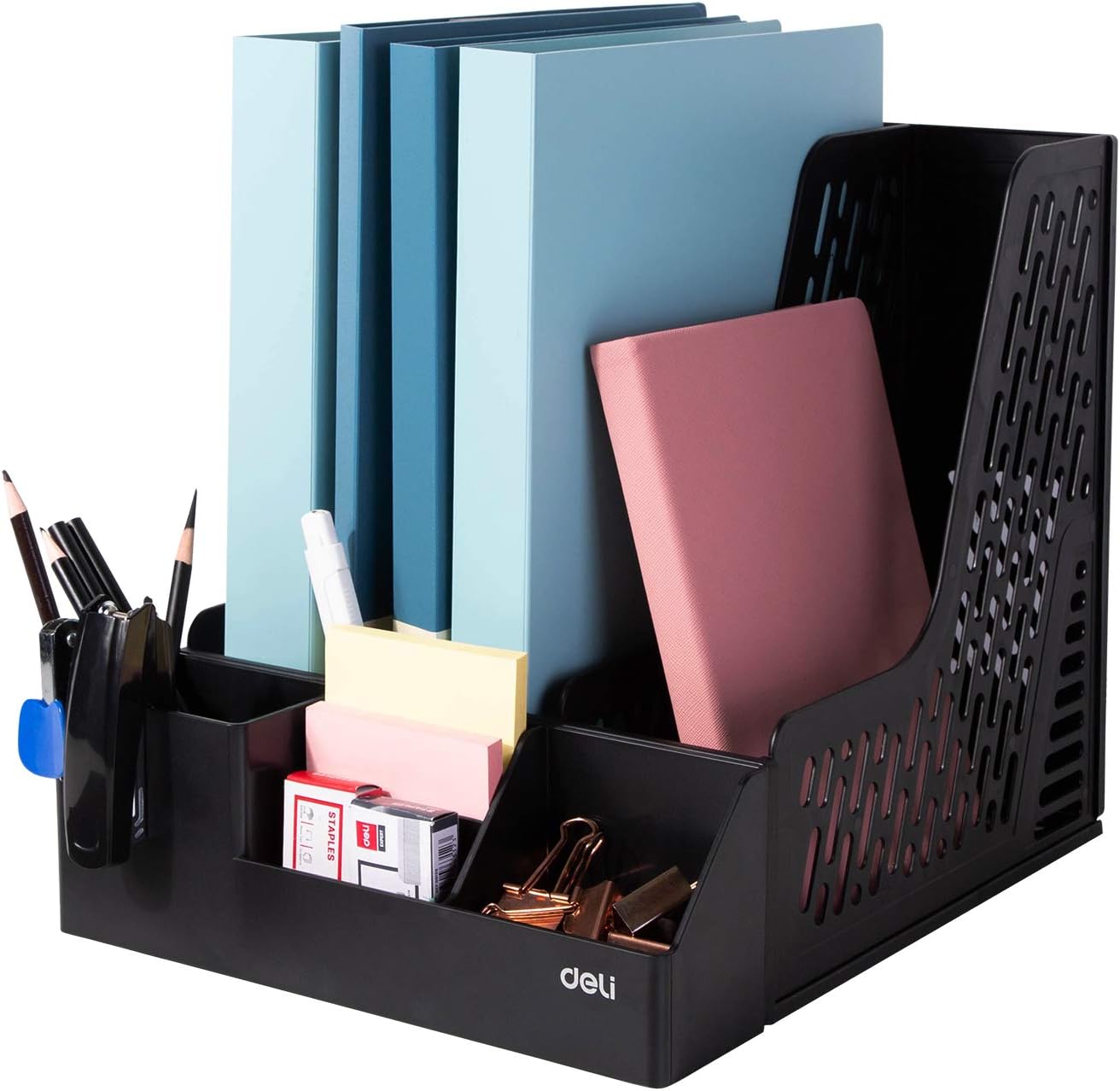 Deli Magazine File Book Holder Desktop Organizer Vertical Folder with Pencil Holder and Storage Baskets for Desk Accessories, 3 Compartments, Black : Office Products