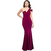 Betsy & Adam Women's Long One Shoulder Sleeveless Stretch Scuba Crepe Sheath Gown, Burgundy, 14