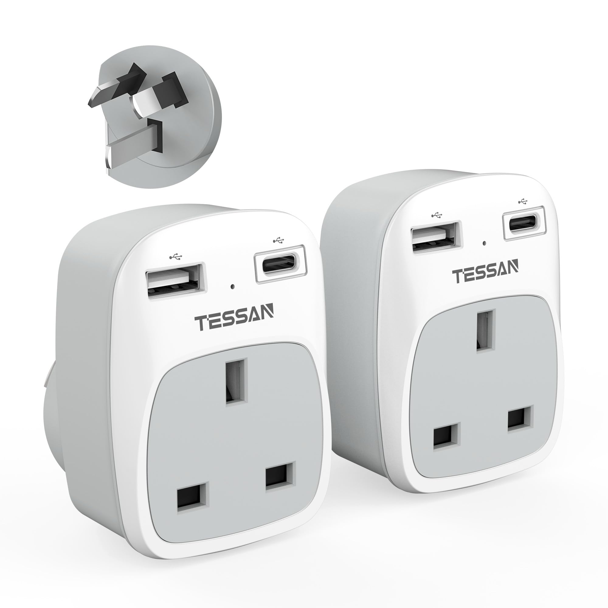 Australian Plug Adaptor from UK 2 Pack, TESSAN AU AUS NZ Plug Travel Adapter with 2 USB Ports, Grounded Power Adapter to Australia China Fiji Argentina New Zealand (Type I)