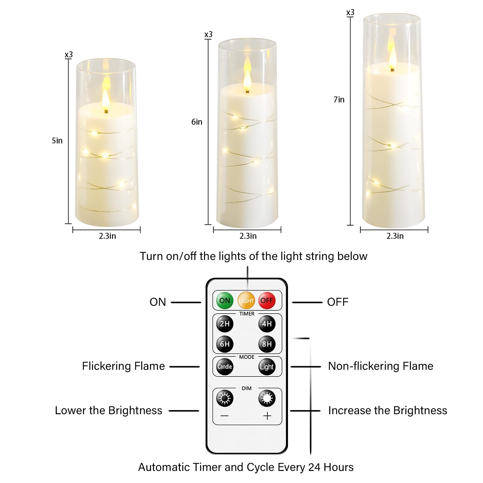 Flickering Flameless LED Candles, 9 Pcs with Embedded Star String, Acrylic LED Pillar Candles with Remote, Suitable for Home Decoration (White)