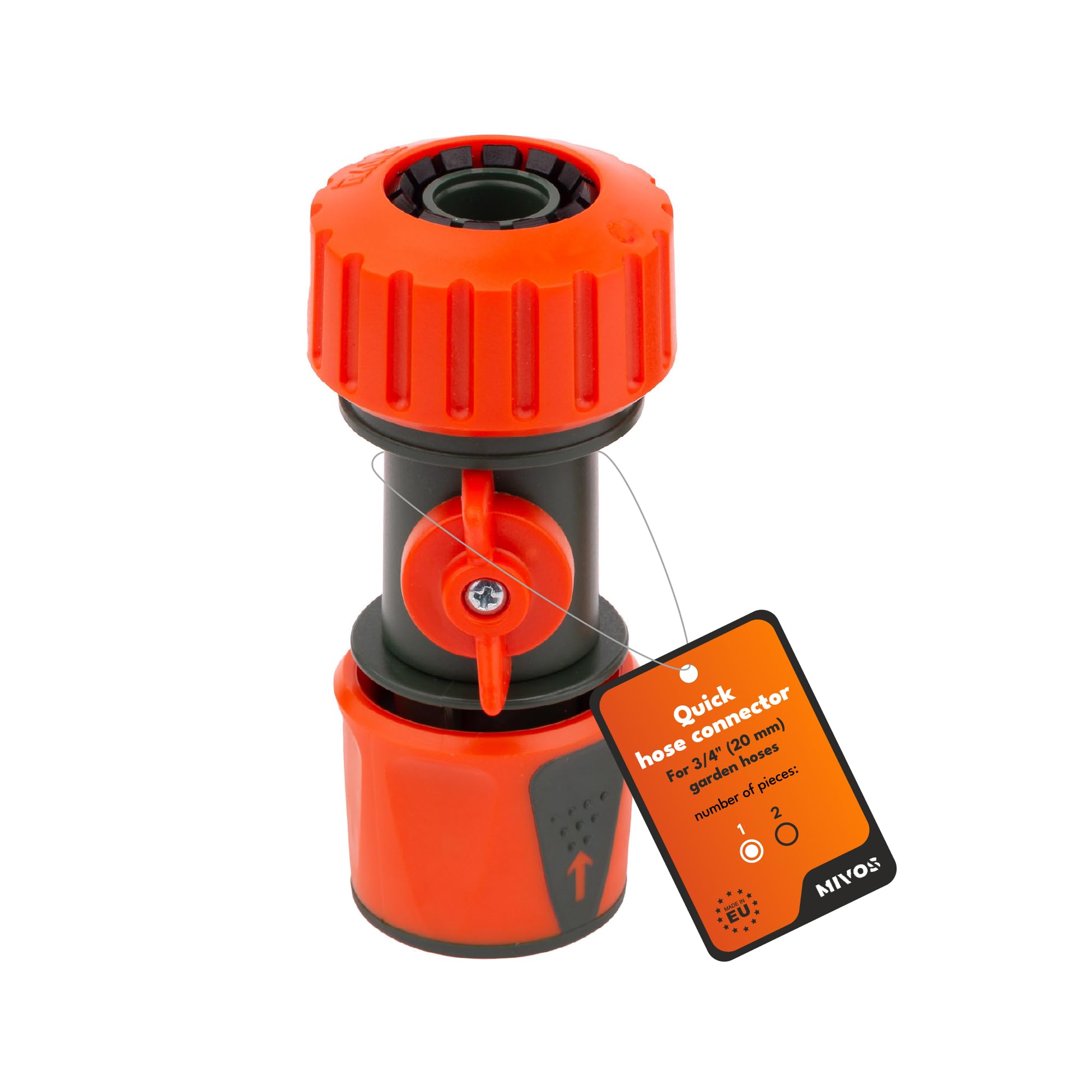 MIVOS Hose Coupling with Stopcock for 3/4 Inch (20 mm) Hose - 3/4 Inch Garden Hose Connector for Regulating and Shutting Off Water Flow