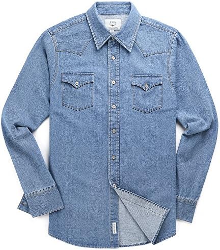 Mocotono Men's Long Sleeve Denim Double-Pocket Shirt