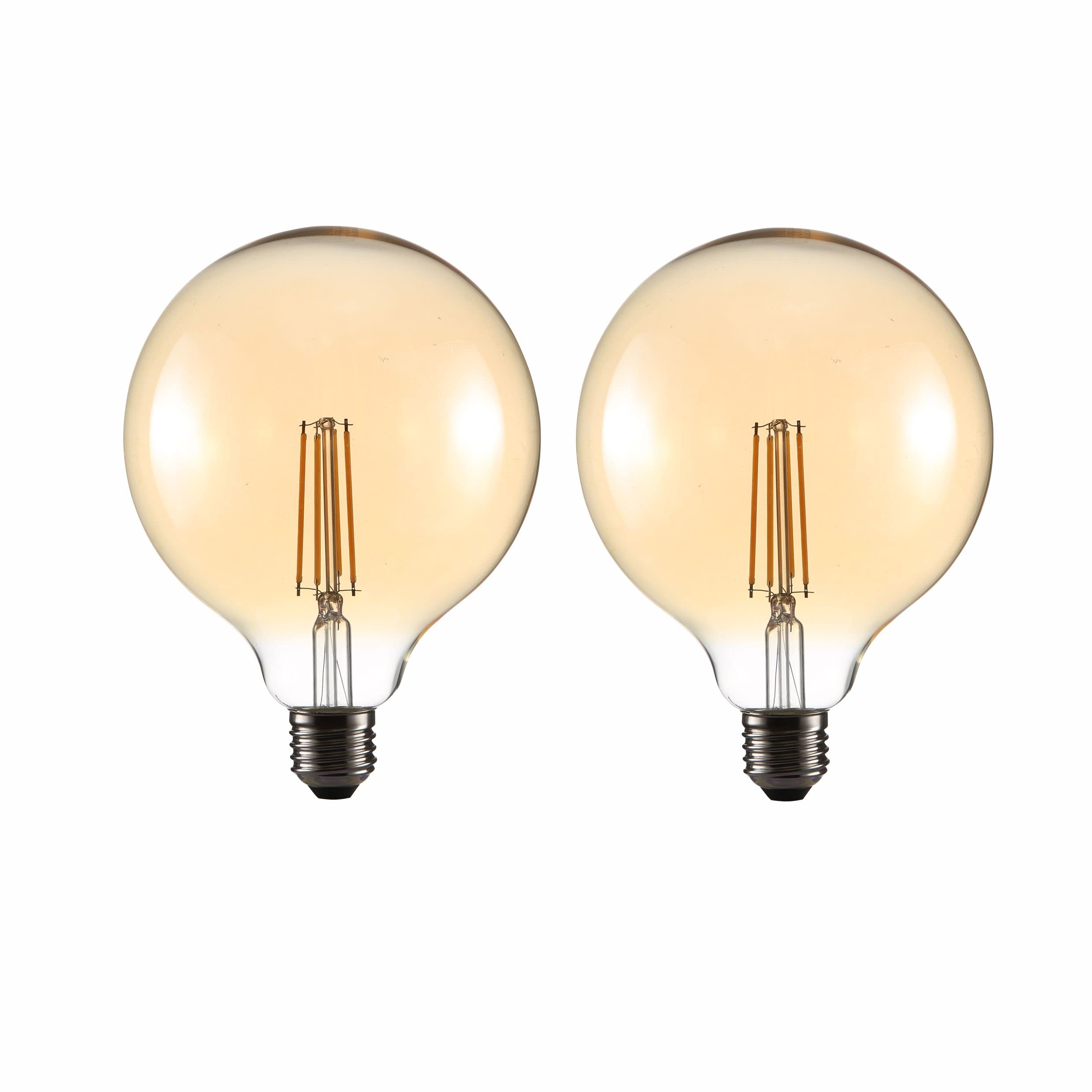 TEKLED G125 E27 Large LED Globe Bulb, 6.5W, 2400K Warm White Amber Tint, Vintage Edison, Non-Dimmable, Pack of 2