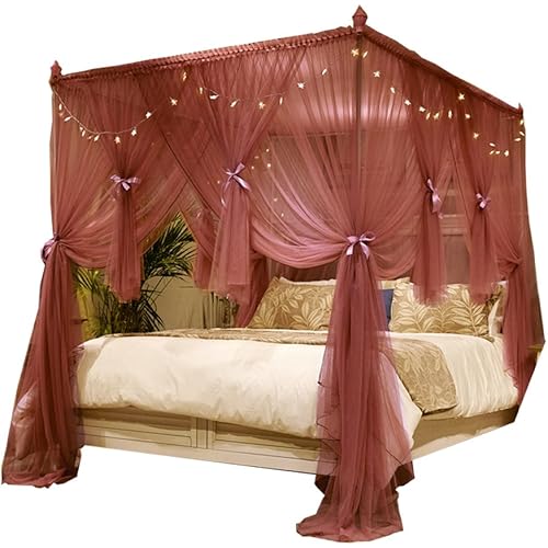 Nattey 4 Corners Post Canopy Bed Curtain for Girls Boys & Adults - 3 Opening - Bedroom Decoration (California King, PaleVioletRed)