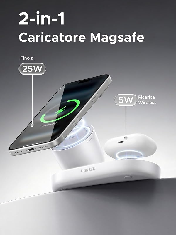 Zapix Qi2 25W Caricatore Wireless 2 in 1 MagSafe (Bianco)
