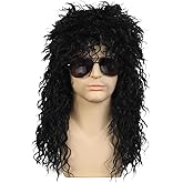 WildCos 80s Halloween Costumes Punk Rocker Wig mullet wig Long Black Curly hair Cosplay Wig for Men