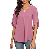 LAOLASI Womens Summer Chiffon Blouses Bell Short Sleeve V Neck Casual Dressy Work Tops for Leggings 2025 Loose Flowy Tshirts