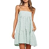 Plaid Dresses for Women Spaghetti Strap Sleeveless A Line Ruffle Hem Casual Mini Beach Dress with Pockets
