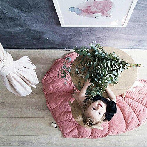 Werchenli Cartoon Style Baby Play Mat for Floor Reversible Thick 100% Soft Cotton 37.4 Inches Playmat For Kids, Leaves-pink