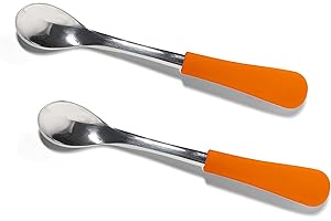 Avanchy Infant Baby Spoons Stainless Steel and Silicone Set, Self Feeding Food Utensils, 4 Months Baby Led Weaning, 2 Pack, Orange