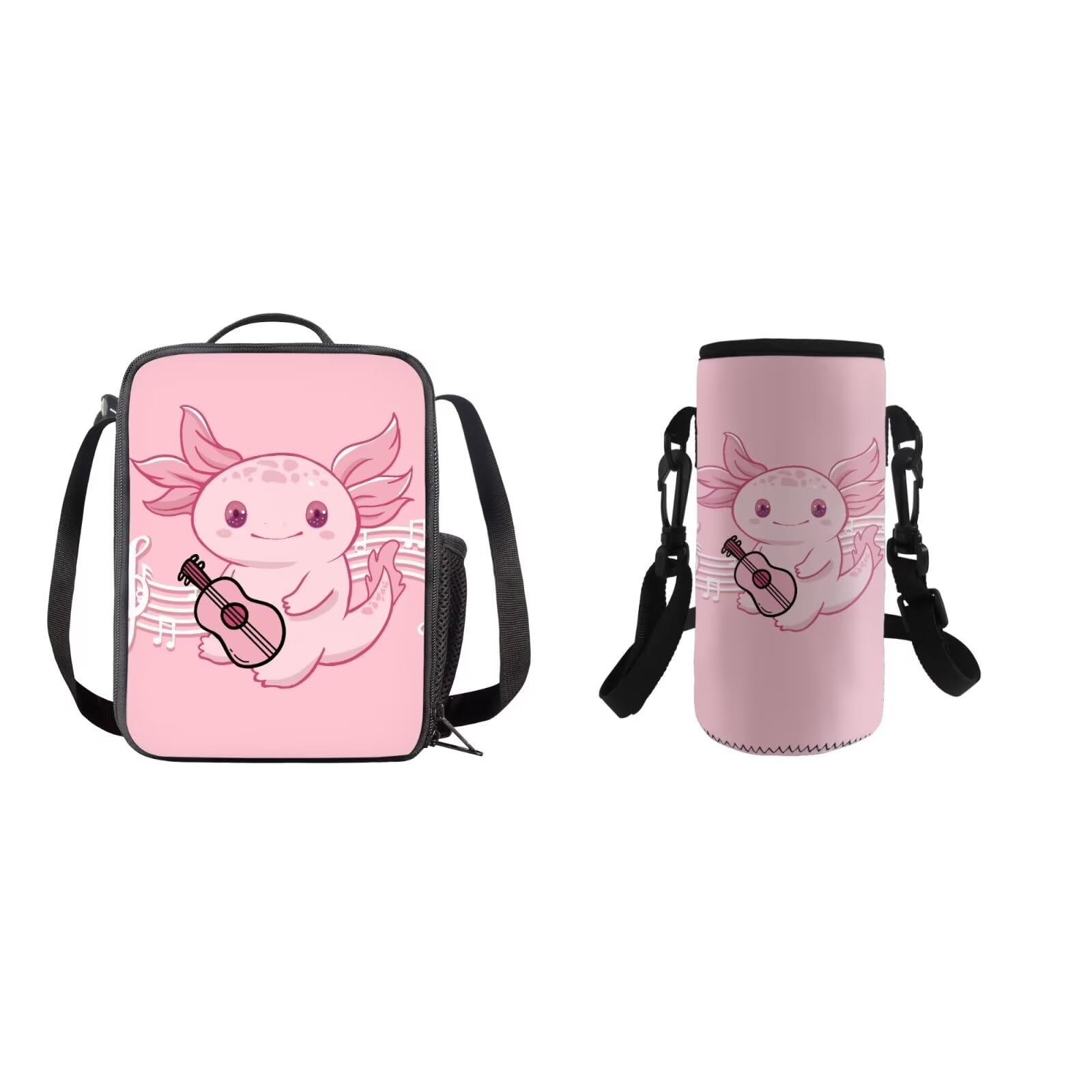 COEQINE Axolotl Lunch Bag Set 2 Pack School Bag Waterproof with Water Bottle Holder Adjustable Strap Pink Cute Animal Play Guita School Bag with Water Bottle Strap