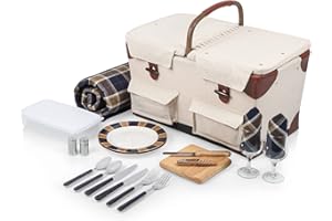 PICNIC TIME Pioneer Deluxe Picnic Basket, Romantic Vintage Wood-Framed Basket Covered in Canvas, Complete Deluxe Service for Two with Water-Resistant Bottom and Two Lids, (Beige Canvas)