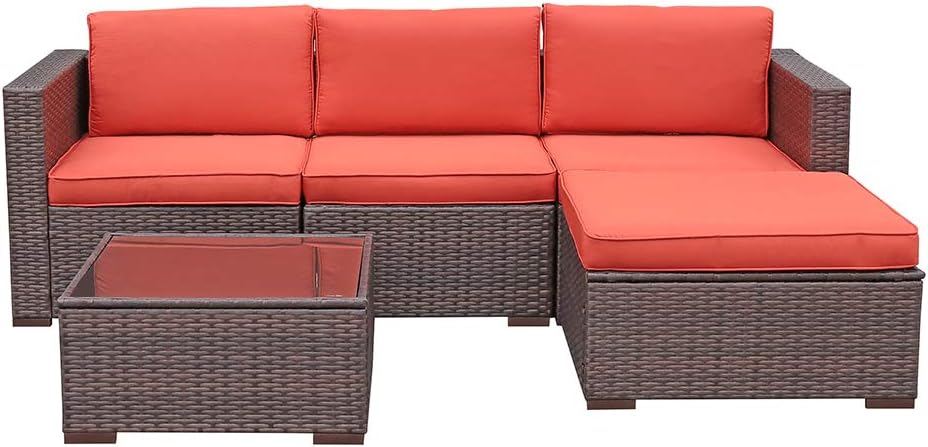 Amazon Com Oc Orange Casual Outdoor Sofa Sectional Set Patio Furniture Sets All Weather Brown Pe Wicker With Orange Cushion And Coffee Table Fits For Porch Backyard Poolside 5 Pieces Garden Outdoor