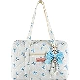 Coquette Bag with Ribbon Pearl Bow - Blue Cute Travel Bag Bow Tote Bags,Floral Quilted Duffle Bag for Women Girls,Coquette Aesthetic Y2K Shoulder Bags,Weekend Bag for Travel Trip Work