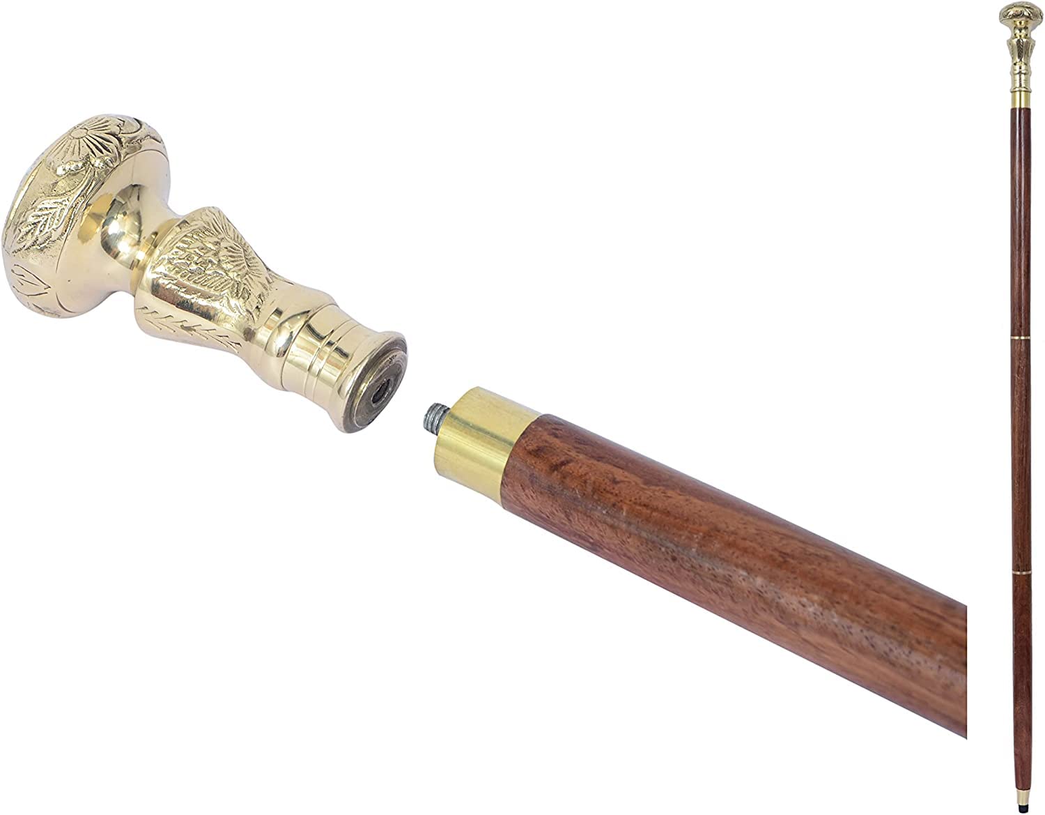 Vintage Brass Handle Victorian Telescope Fold able Wooden Walking Stick Walking Cane