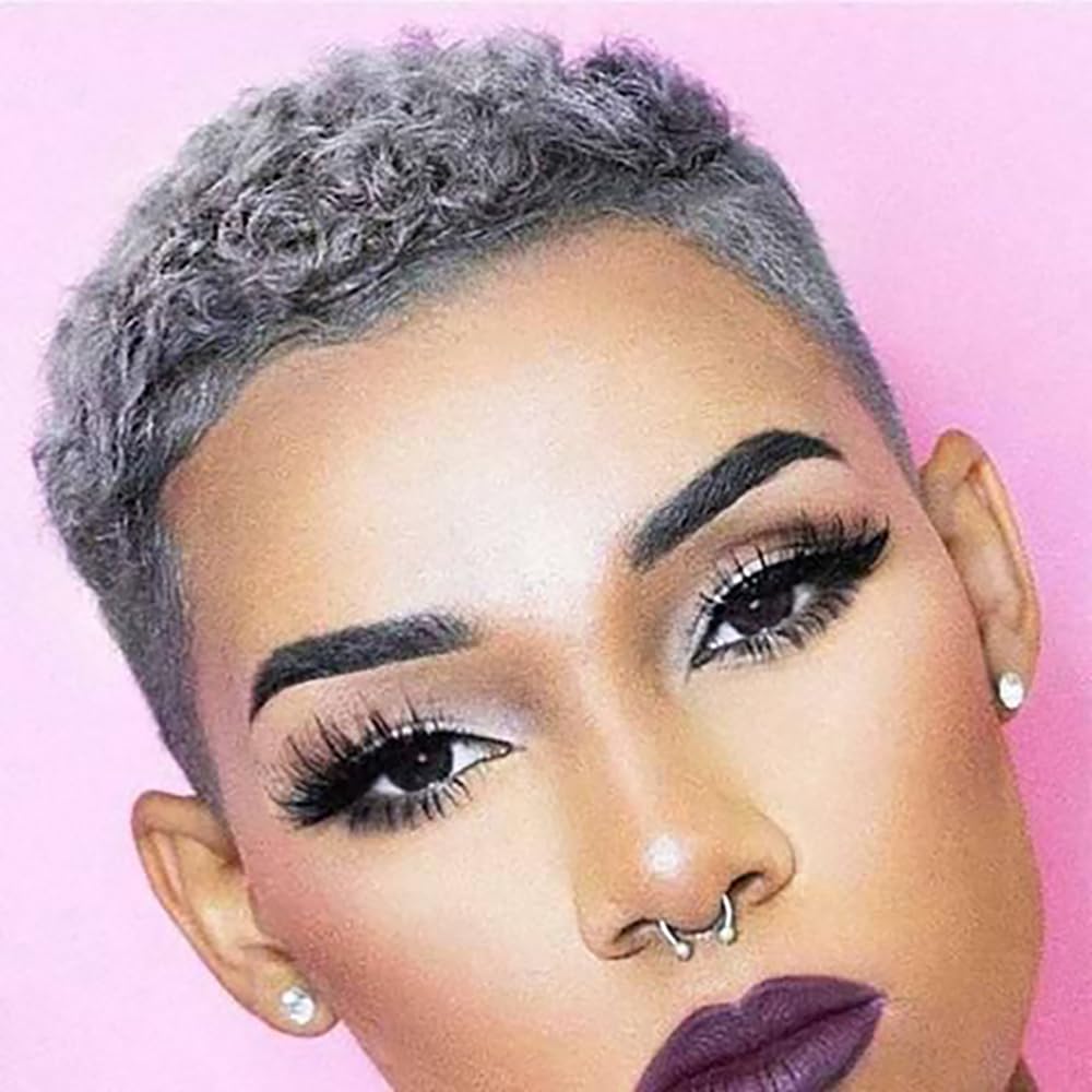 BeiSDWig Pixie Cut Wigs for Black/White Women - Mixed Gray Afro Curly Wigs - Short Pixie Cut - Gray Hair